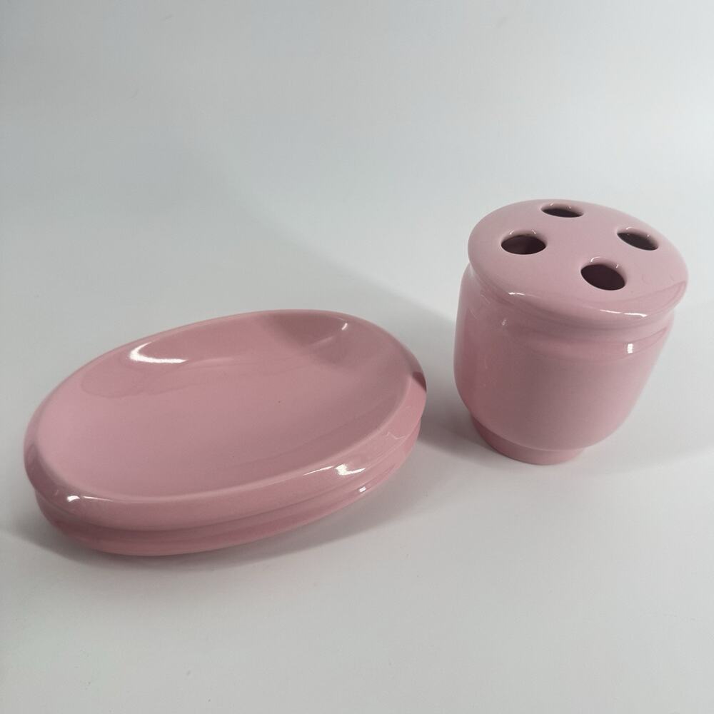 Pink MCM Ceramic Toothbrush Holder and Soap Dish Set